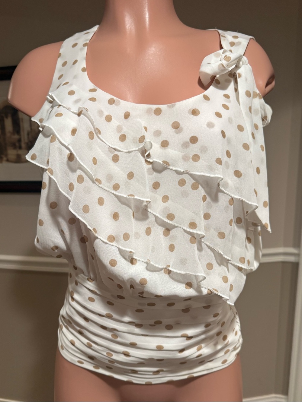 White House Black Market White Blouse with Tan Polka Dots